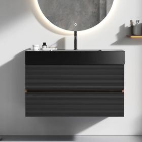 Grace 36" Walnut Bathroom Vanity with Matt Black Engineered Quartz Sink and Soft Black Drawers