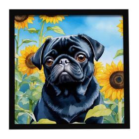 Pug in Sunflowers Framed Metal Print Bathroom, Kitchen, Office, Home Decor Wall Art Ready to Hang, Square, 8X8