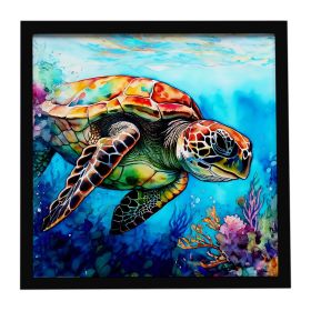 Loggerhead Sea Turtle Framed Metal Print Bathroom, Kitchen, Office, Home Decor Wall Art Ready to Hang, Square, 8X8