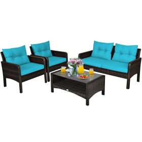 4 Pieces Patio Rattan Sofa Set Free-Combination with Cushion and Coffee Table (Color: Turquoise)